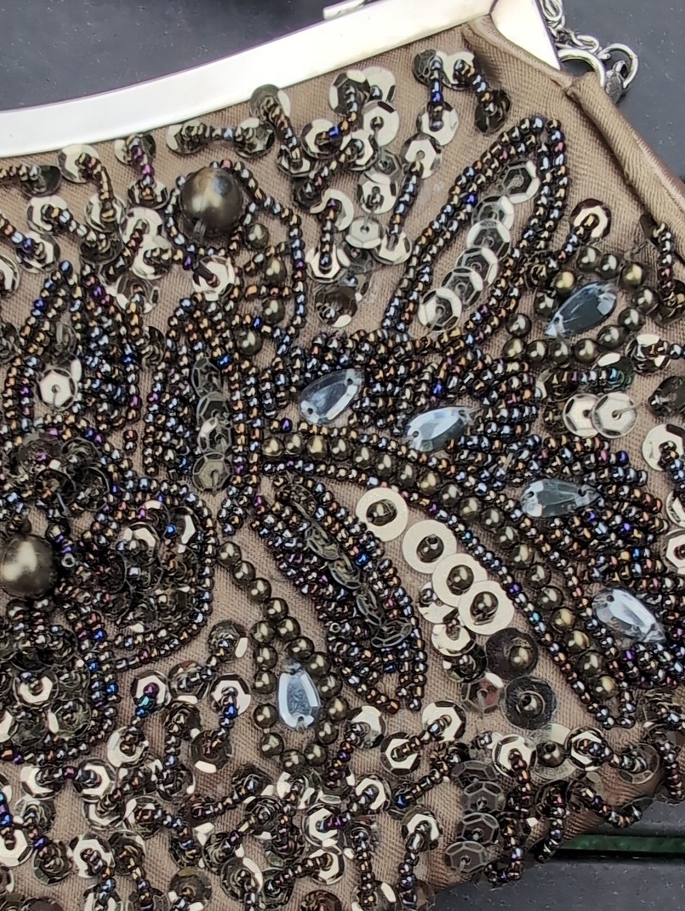 Embellished Taupe Evening Clutch with Detachable Chain - Picture 5 of 14